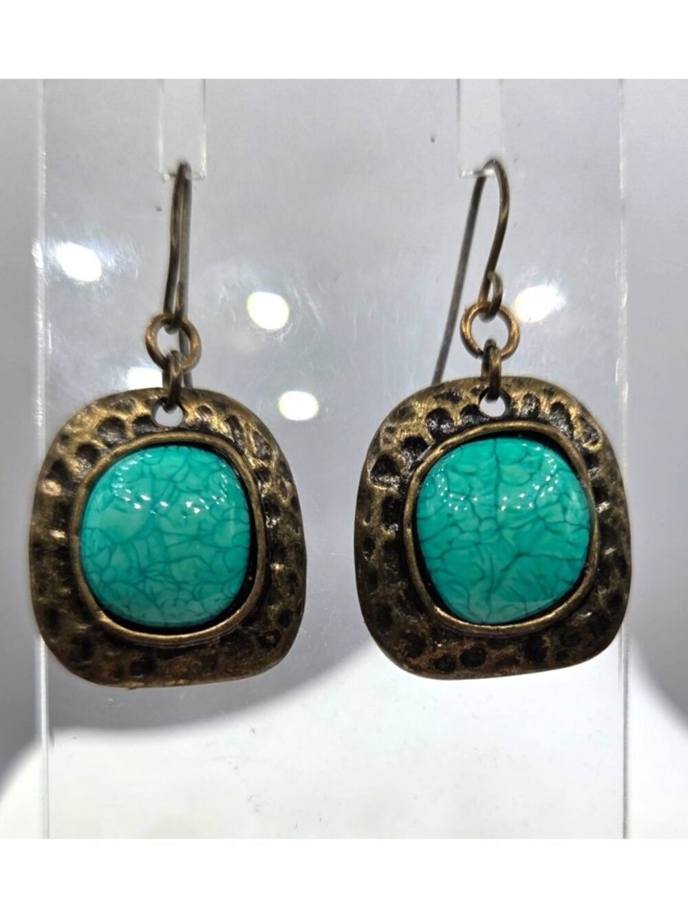 Bronze Dangle Earrings With Turquoise-Colored Crackle Stone Accents